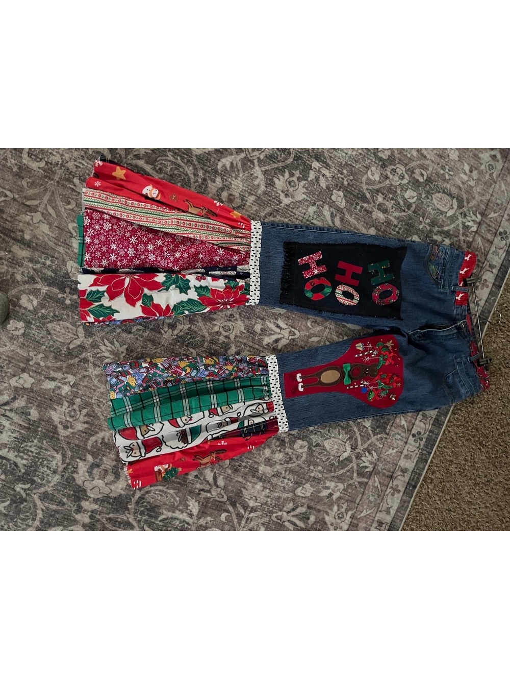 women’s Christmas Jeans patchwork ruffled flared hand sewn jeans - Picture 4 of 6